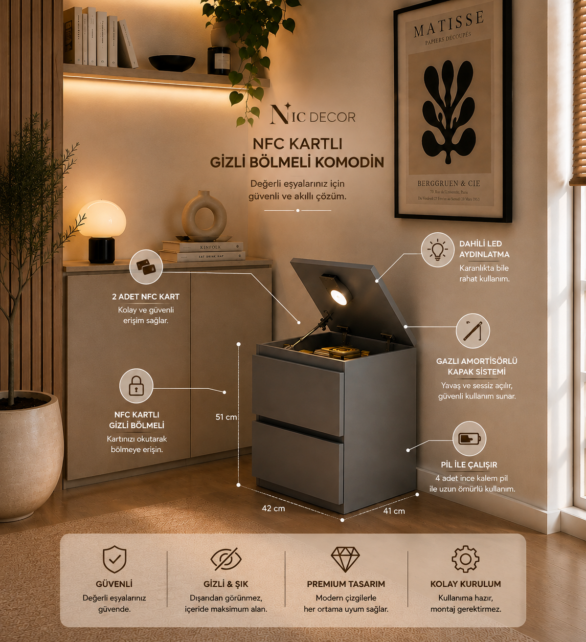 Gizli bölmeli Komodin - NFC Kilitli